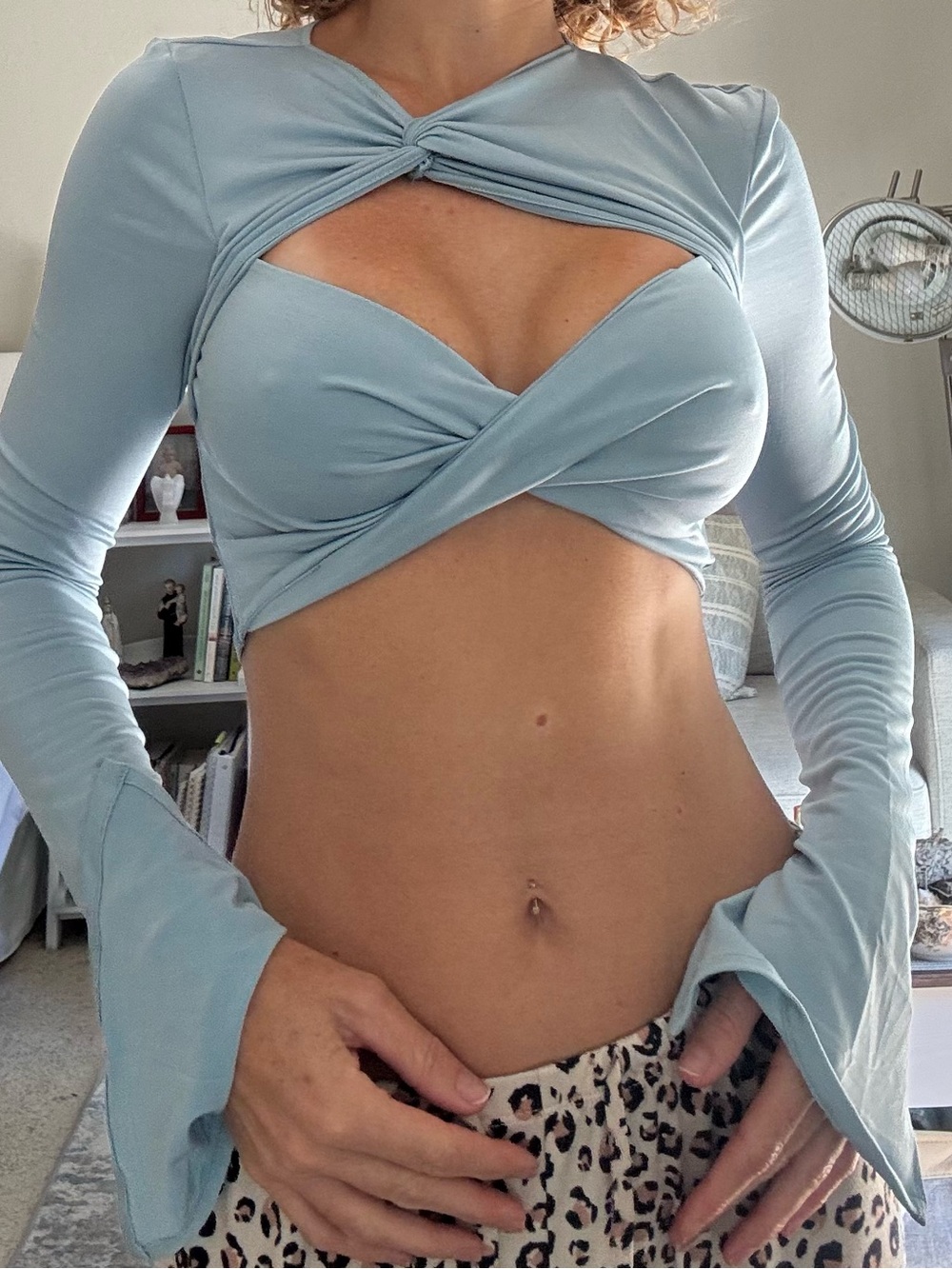 Mistress Rock Twist-Front Light Blue Long Sleeve Crop Top